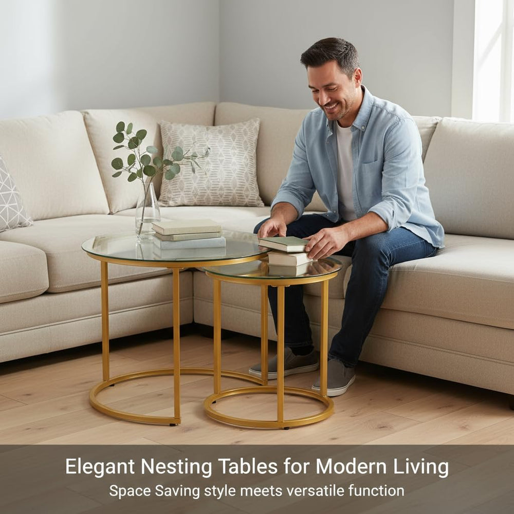 Round Nesting Coffee Table Set of 2, Glass Stacking Minimalist End Table | Mo...