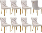 Luxury Upholstered Dining Chairs Set of 8, Beige Kitchen Chair with Golden Metal Legs, Velvet Tufted Back Dining Chair, Sillas de Comedor, Modern Kitchen & Dining Room Chairs (Beige, 8 Pcs)