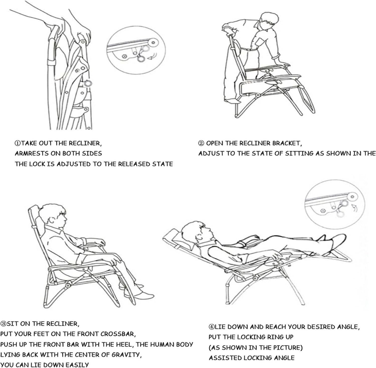 Gravity Reclining Chair, Outdoor Patio Recliner, Adjustable Backrest, Indoor Lounge for Backyard,(E)
