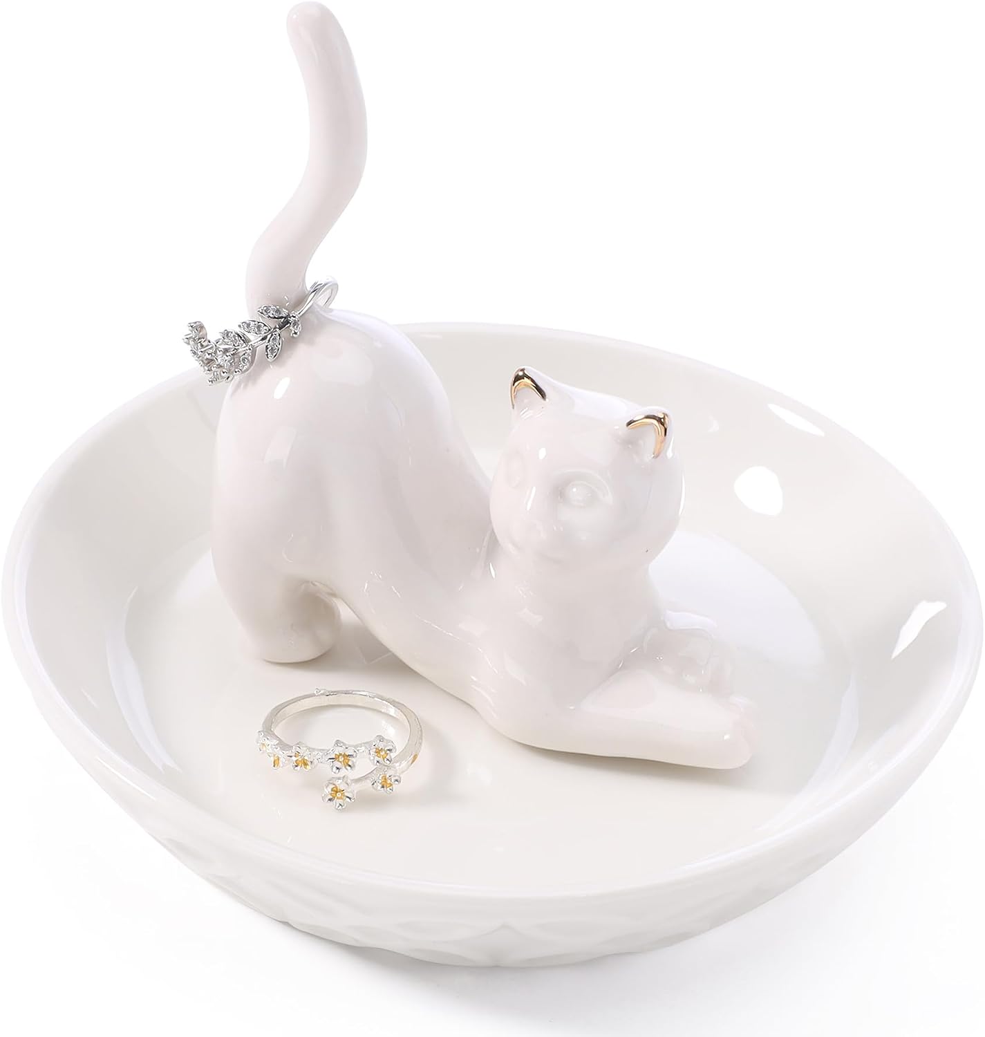 Ceramic White Cat Ring Holder, Cat Jewelry Tray for Cat Lovers for Women, Christmas, Valentine's Day, Mother's Day