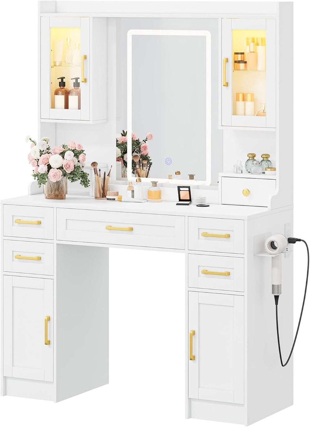 KAMABOKO Vanity Desk with Mirror and LED Lights & Power Outlet | Large Ma...