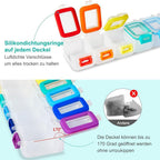 Fullicon Weekly Pill Organizer 7 Day Ultra Moisture and Spill Proof Daily Pill Box, Large Medicine Case with Secure Buckle, Compact Travel Pill Container for Pill, Vitamin, & Fish Oil (Rainbow Clear)