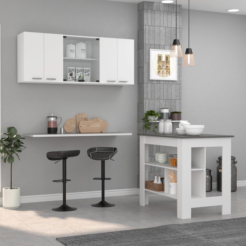 White and Onyx 2-Piece Kitchen Set with Island and Wall Cabinet | Includes 6-...