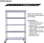 NSF Commercial 5-Tier Wire Shelving with Wheels, 48"x18"x72" Heavy Duty Metal Shelves 4000 lbs Max Capacity, Chrome Storage Rack for Garage Kitchen Pantry Warehouse
