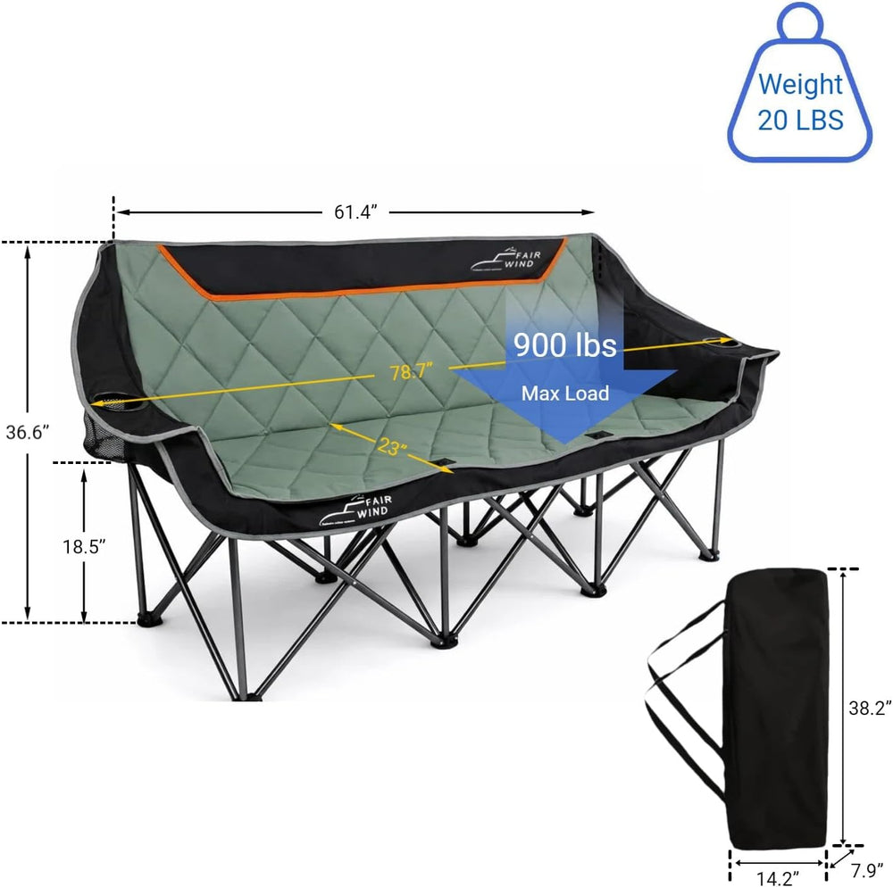 FAIR WIND Oversized 3 Person Camping Chair Padded Triple Loveseat Folding Cam...