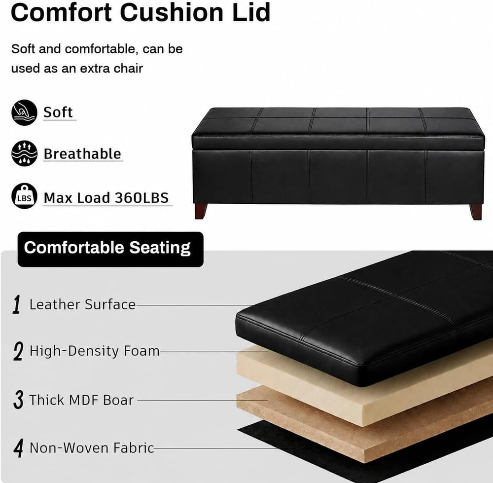 51 Inch Storage Ottoman Bench, Faux Leather Foot Rest with Hinged Lid, Long R...