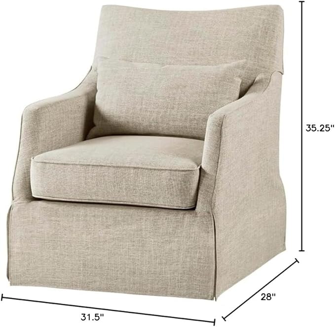 Martha Stewart London Swivel Chair - Solid Wood & Plywood, Skirted Metal Base Accent Armchair, Lumbar Pillow -Modern Classic Family Room Sofa Furniture Bedroom Lounge, 28"X31.5"X35.25", Beige Multi