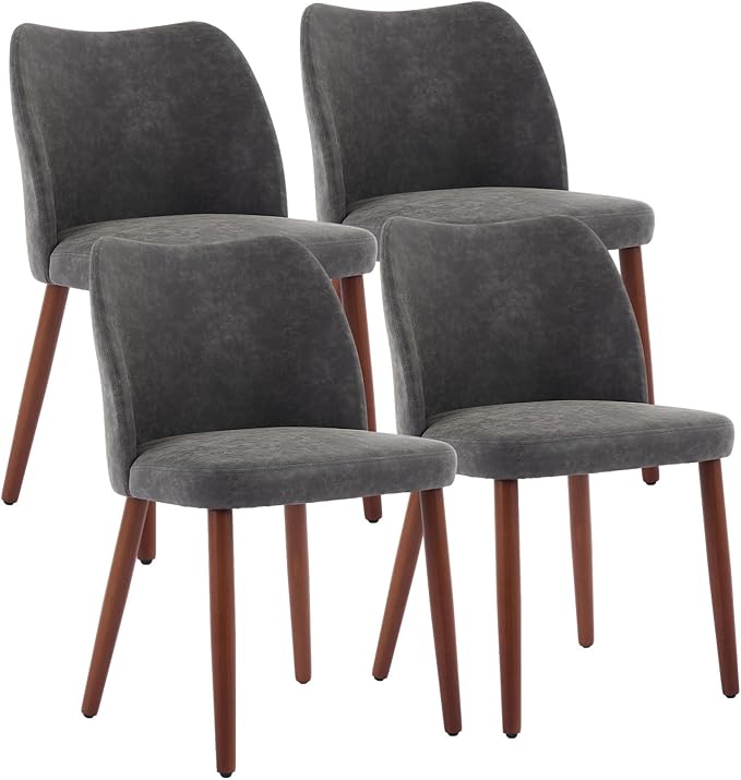 Dining Chair Set of 4, Leather Upholstered Dining Chair with Wood Legs, Wing Backrest, Wooden Kitchen Chair, Kitchen Chairs with Thick Cushions for Dining Room, Living Room, Dark Grey