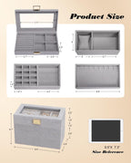 Homde Jewelry Tray Stackable Jewelry Box Drawer Organizer with Glass Lid, Removable Dividers for Vanity Table - Christmas Gift Idea for Girls and Women (Gray)