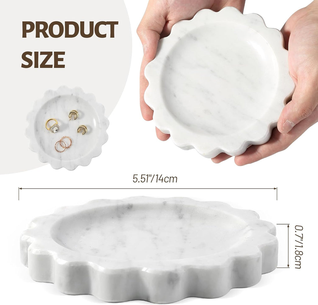 5.51" Scalloped Marble Tray, Round Stone Jewelry Trinket Dish for Ring, Natural Small Marble Tray for Bathroom Kitchen Dresser Countertop, Decorative Candle Tray(Bianco Carrara)