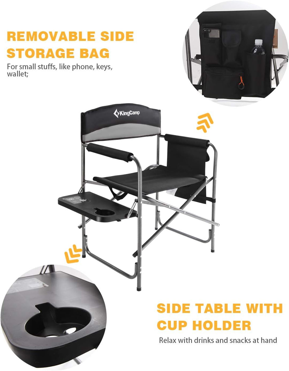 KingCamp Folding Camping Chair, Heavy Duty Portable Directors Style with Side...