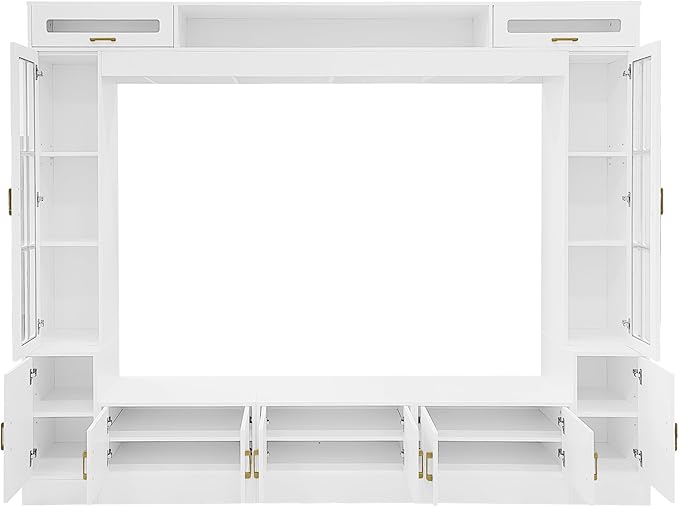 98.4" W Wall Unit Entertainment Center with Bookshelves for TVs up to 80", Modern TV Stand Media Console with Cabinets, Tempered Glass Doors for Living Room (White/T3)