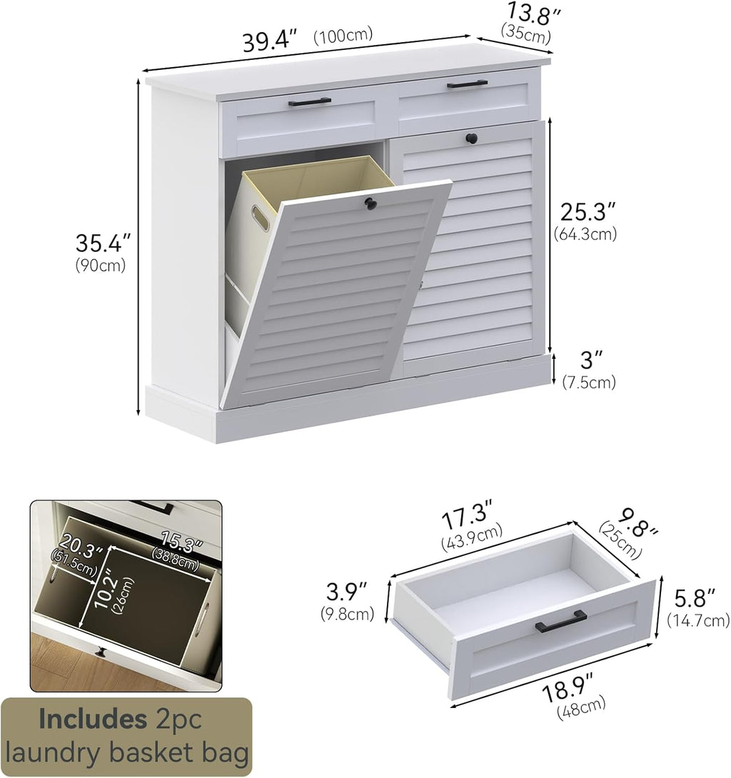 Double Tilt Out Laundry Hamper Cabinet, 30 Gallon Trash Can Cabinet with Shutter Front & 2 Drawers, Hidden Garbage Can Bin Cabinets with 2 Laundry Storage Basket for Bathroom, Kitchen (White, Full)