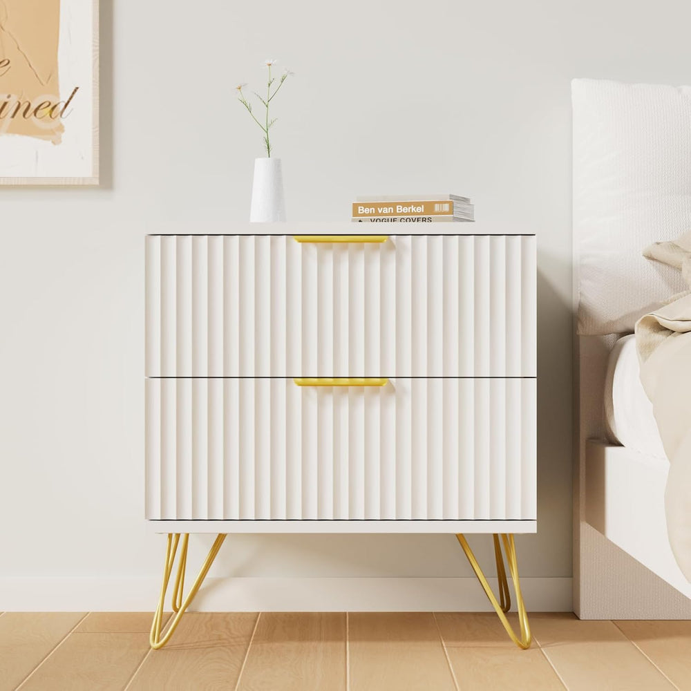 White Nightstand Set of 2, Modern Night Stand Bedside Table with 2 Storage Dr...