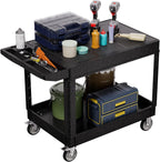 2 Tier Plastic Rolling Utility Cart on Wheels, Heavy Duty Tool Cart with Deep Shelves and 360° Swivel Wheels Holds up to 550 lbs, Service Cart for Garage, Warehouse, Cleaning (Black-L-Flat Top)