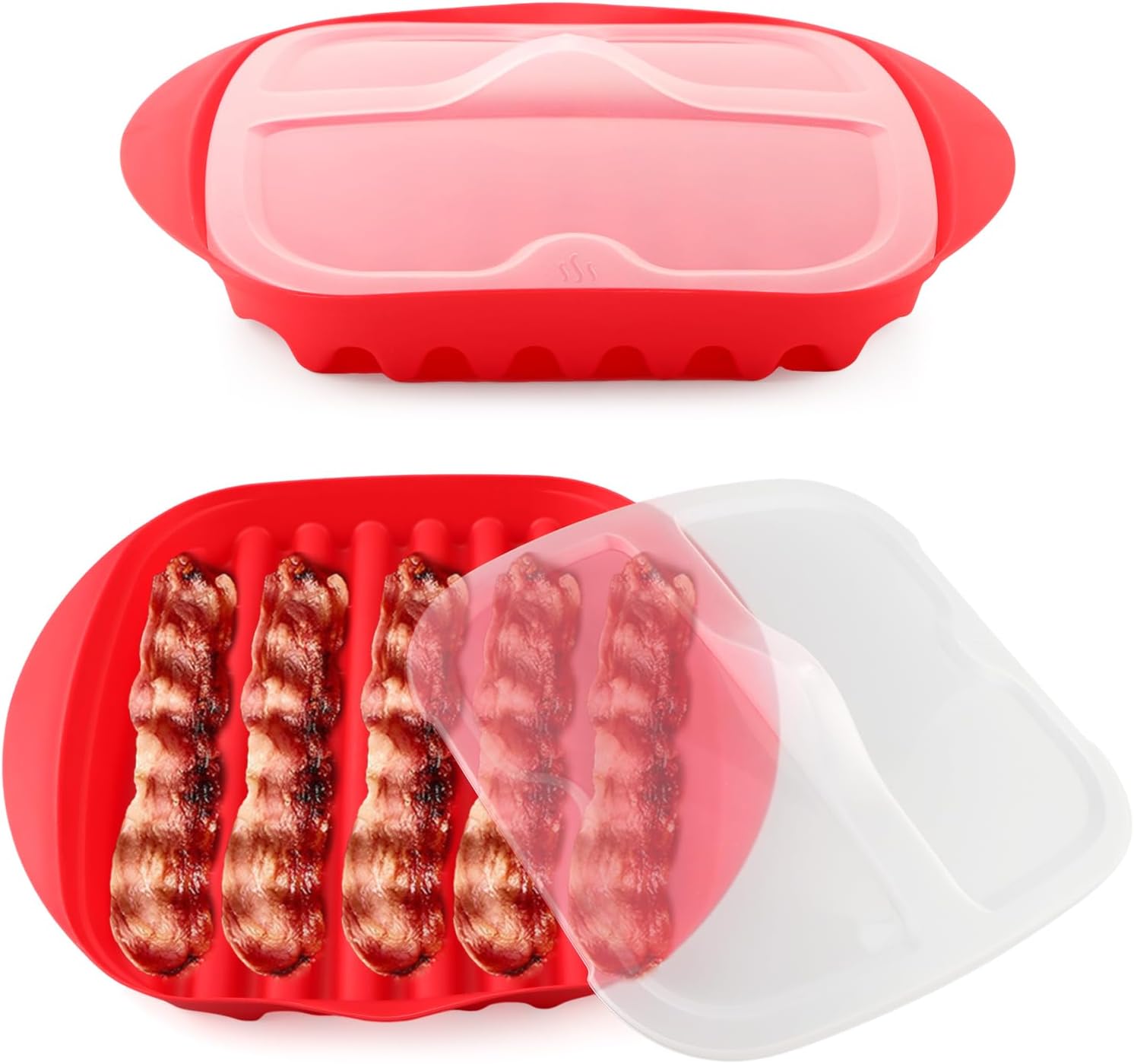 Microwave Bacon Cooker Tray with Vented Lid - Crisper Pan for 4-6 Slices in 3 Minutes, Splatter Shield & Fat Draining Tray for Healthy Cooking, Also for Sausages & Patties(Color:Red)