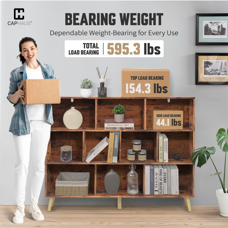 CAPHAUS 10 Cube 3 Tier Mid Century Bookshelf, 55” Wide Wooden Cube Storage Or...