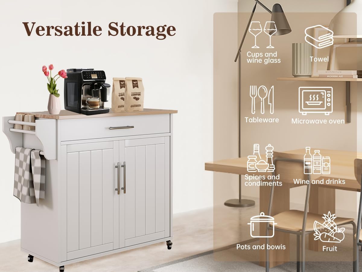 Kitchen Storage Island, Wooden Rolling Kitchen Island On Wheels with Countertop, Mobile Kitchen Island Cart with Towel Rack, Spice Rack and Drawers, White