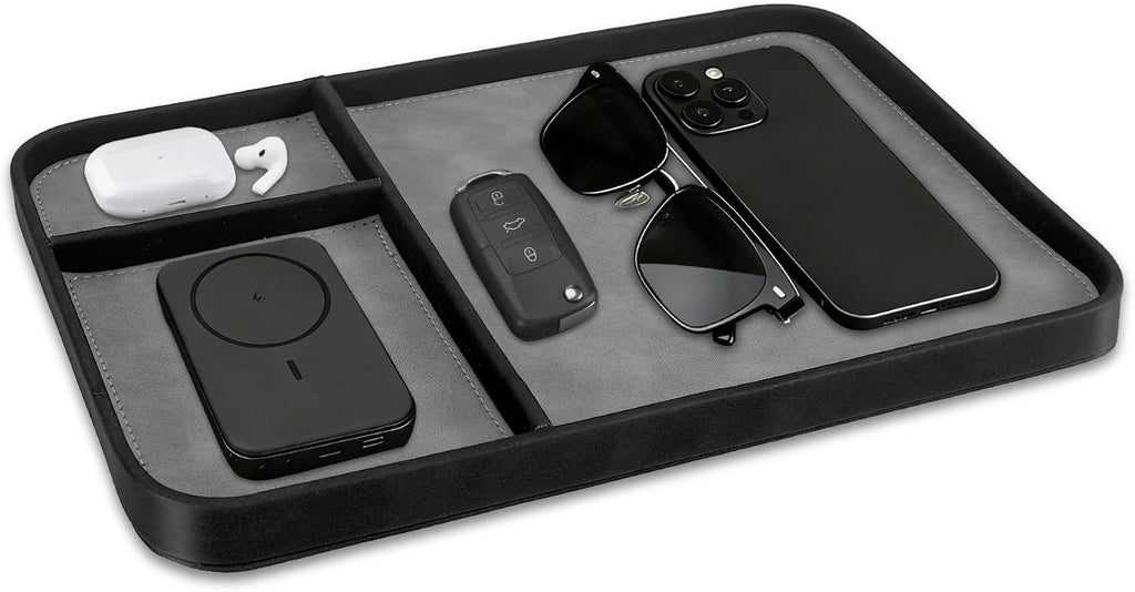 SITHON Valet Tray Trendy Organizer Multifunctional Nightstand Caddy Holder | Premium PU Leather Stylish and Organized Catchall Bedside Vanity Tray for Keys, Watch, Wallet, Jewelry and more, Black
