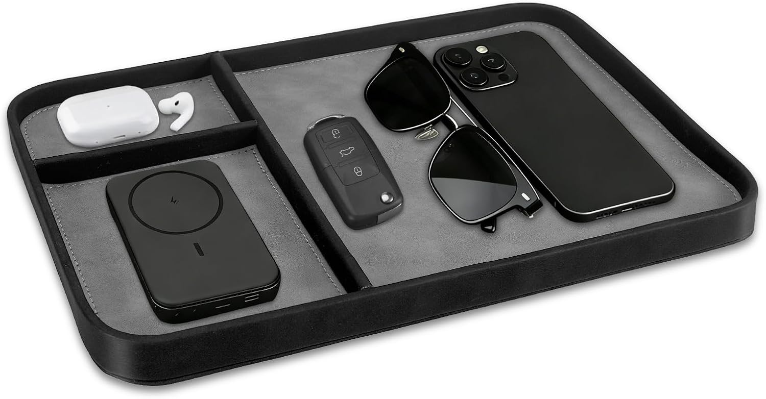 SITHON Valet Tray Trendy Organizer Multifunctional Nightstand Caddy Holder | Premium PU Leather Stylish and Organized Catchall Bedside Vanity Tray for Keys, Watch, Wallet, Jewelry and more, Black