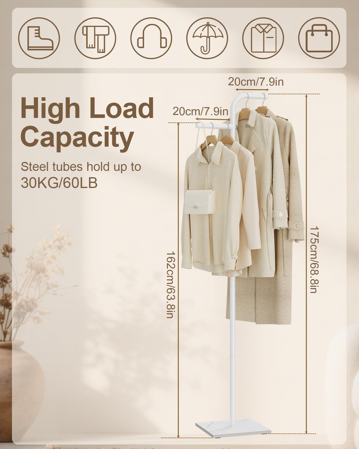 Coat Hanger Stand, Modern Garment Rack with Rock Slab Base, Heavy-duty Metal Clothes Tree for Boutiques, Hallway, Entryway, 68.9 Inches High, White, GYJ012W