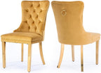 Velvet Upholstered Dining Chairs Set of 2, Modern Style Kitchen Side Chairs with Nailhead Trim and Gold Plated Leg, Metal Pulling Ring for Dining Room Living Room(Gold-Gold Plated Leg)