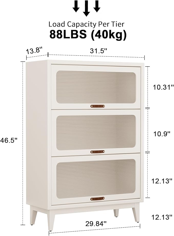 Solid Wood Storage Cabinet with Glass Doors, 3 Shelf Small Storage Cabinet, Mid Century Modern Bookcase, Kitchen Pantry Cabinet (White, 31.5" W)
