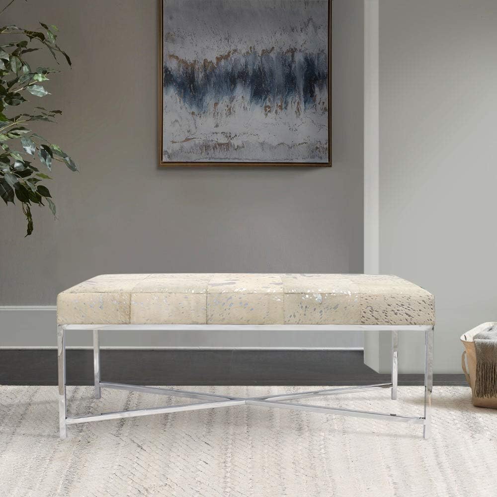 Pasargad Home Safari Collection Silver Foil Cowhide Upholstered Bench with X ...