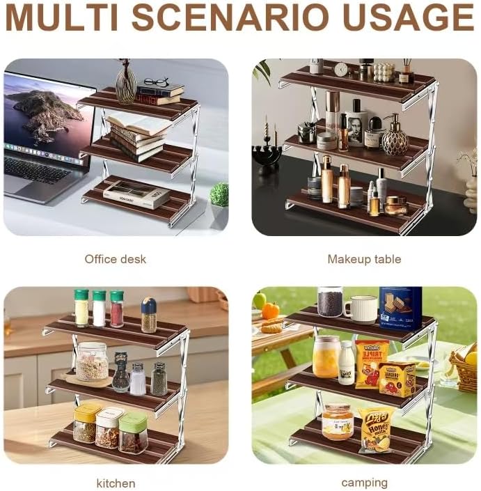 3 Tiered Camping Folding Storage Rack, Multi-Function Wood Rack