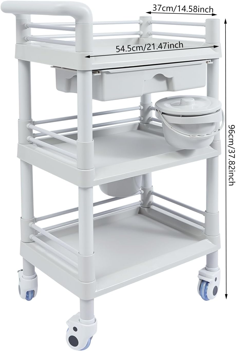 Medical Mobile Trolley Cart, Salon Storage Cart Movable Organizer Rolling Beauty Organizer Trolley 2 Foot-Operated Locking Castors 3 Open-Fronted Drawers 2 Waste Bins 176.37 Lbs Load Capacity
