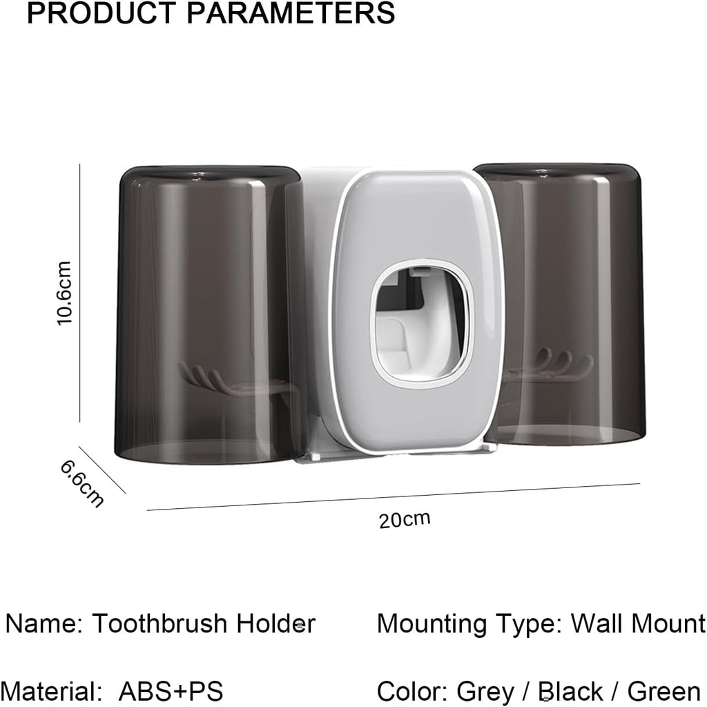 Toothbrush Holders Wall Mounted,Toothpaste Dispenser for Kids Hanging Adhesive Automatic Toothbrush Holders Bathroom Decor with Toothpaste Dispenser 2 Cups - Grey