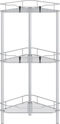 3 Tier Floor Standing Corner Shower Caddy Organizer Shelf with Hooks, Bathroom Shelves Stand Rack, Silver