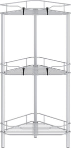 3 Tier Floor Standing Corner Shower Caddy Organizer Shelf with Hooks, Bathroom Shelves Stand Rack, Silver