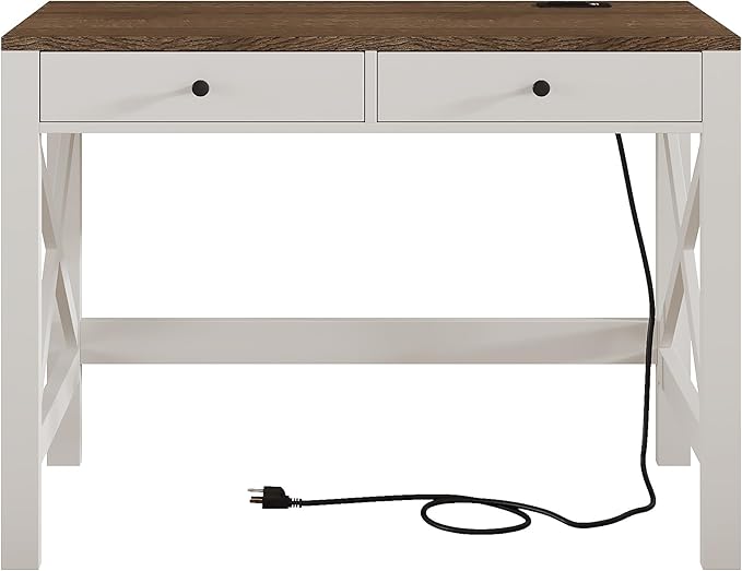 ChooChoo Farmhouse Desk with USB Charging Ports and Power Outlets, 39" Computer Desk with Drawers, Small Study Writing Table with Stable X Frame for Home Office