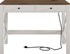 ChooChoo Farmhouse Desk with USB Charging Ports and Power Outlets, 39" Computer Desk with Drawers, Small Study Writing Table with Stable X Frame for Home Office