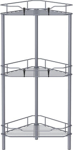 3 Tier Floor Standing Corner Shower Caddy Organizer Shelf with Hooks, Bathroom Shelves Stand Rack, Dark Gray