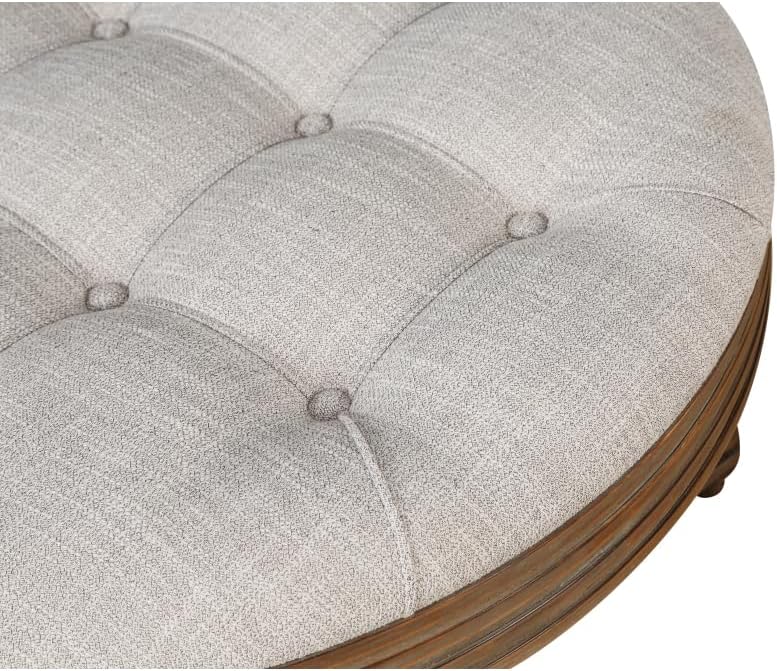 Large Round WaterProof Ottoman Coffee Table 2 Tier Oversized Button Tufted Ottoman with Wooden Shelf Storage Farmhouse Upholstered Coffee Table Living Room Footstool Ottoman Linen(Light Gray)