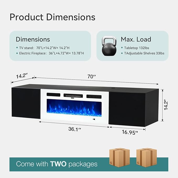 MXV 70'' Floating TV Stand, Modern Media Entertainment Center with 36" Electric Fireplace, TV Console Cabinet Wall Mounted, Adjustable 12-Color LED Lights, for Living Room, Black + White