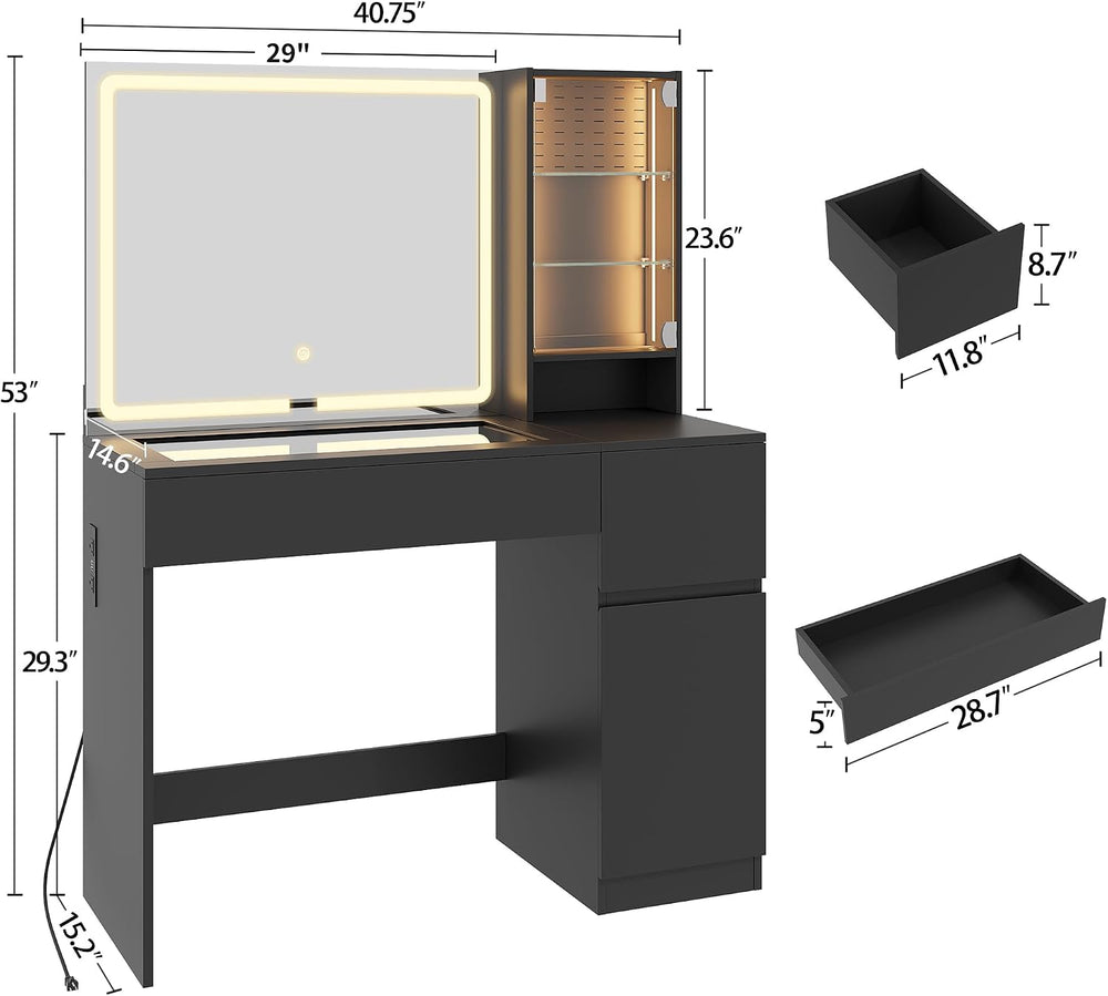 wanan Vanity with Glass Top, Black Vanity Desk with Mirror and Lights, Jewelr...