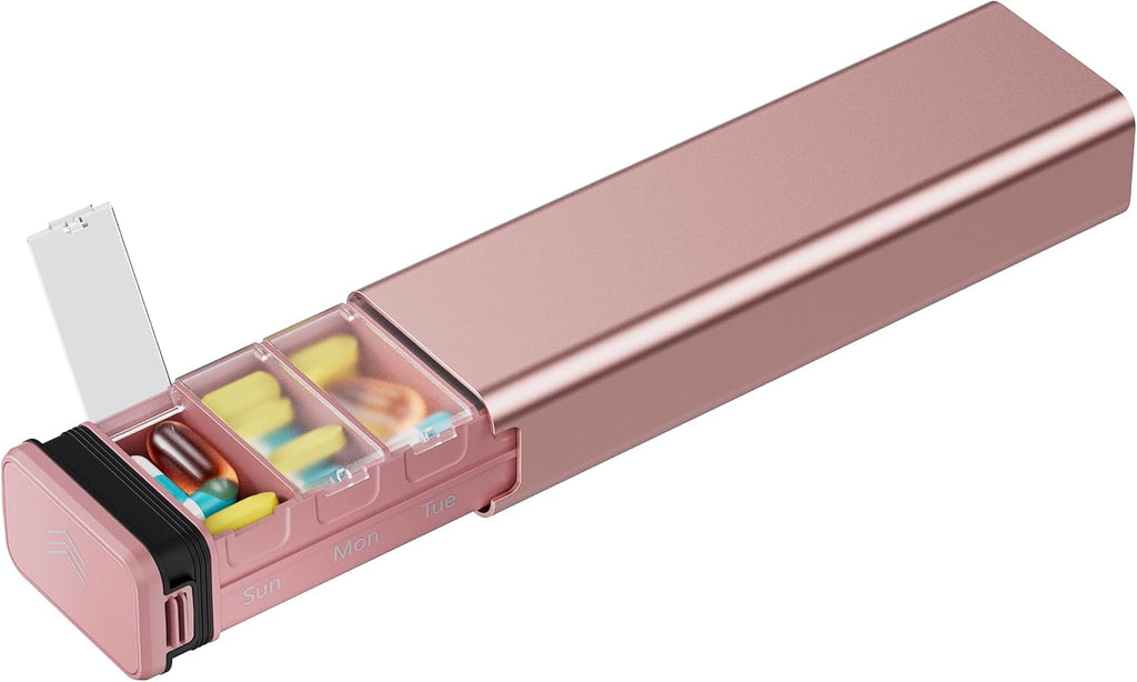 7 Day Weekly Metal Pill Organizer for Travel, Kursoaya Premium Aluminum Daily Pill Box, Cute Portable Pill Case, Large Capacity Pill Holder for Supplements, Pills, Vitamins, Medicine