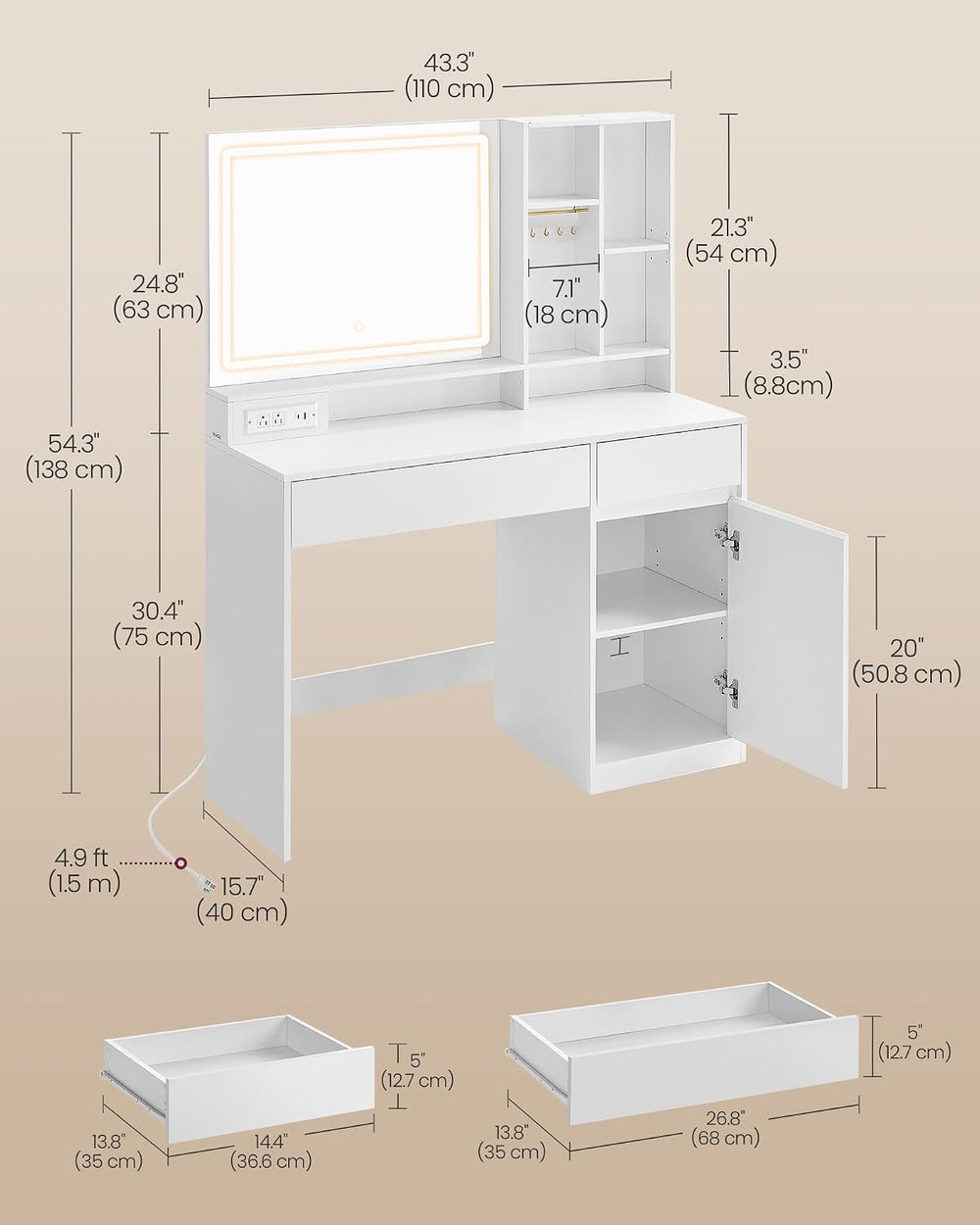 VASAGLE KAILYN Collection - 43.3-Inch Vanity Desk with Mirror and Lights, Pow...