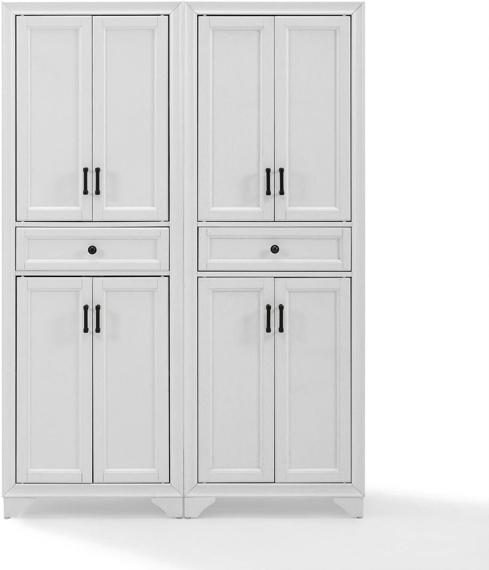 HomeStock 2-Piece Pantry Set - Distressed White Storage Cabinets - Adjustable...