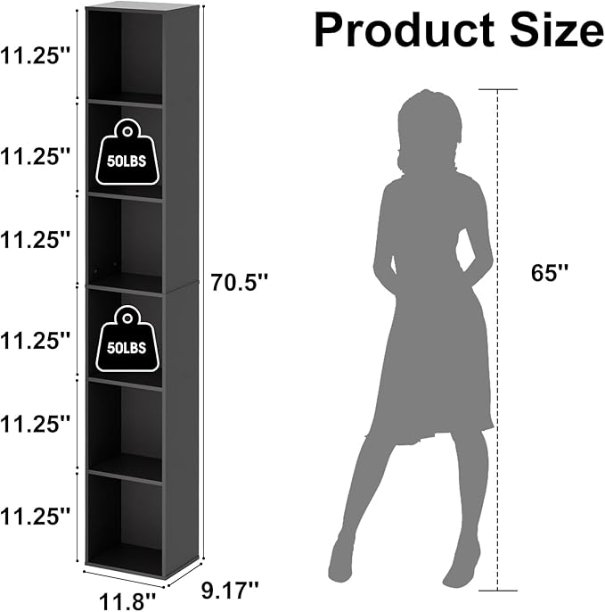 Tall Narrow Bookshelf 6-Tier Bookcase,70.5" Skinny Thin Corner Shelf Sli...