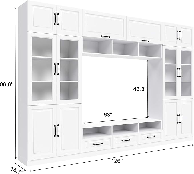 126" Entertainment Center Wall Unit with Glass Doors & Drawers, Large Wall Unit TV Stand for TVs up to 70", Media Console Table for Living Room, Can be Split into 4 Separate Cabinet, White