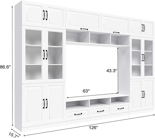 126" Entertainment Center Wall Unit with Glass Doors & Drawers, Large Wall Unit TV Stand for TVs up to 70", Media Console Table for Living Room, Can be Split into 4 Separate Cabinet, White