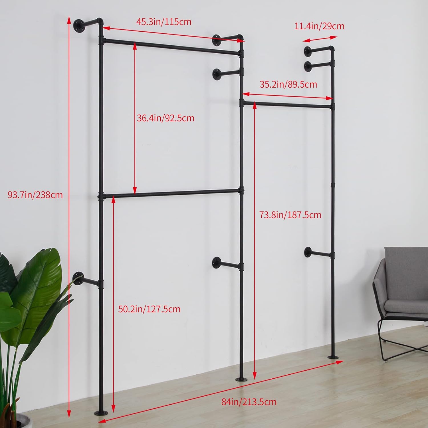 Wall Mounted Industrial Pipe Clothing Rack Garment Racks Pipeline Vintage Rolling Rack On Wall, Heavy Duty Rustic Gold Metal Garment Frame for Bedroom, Living room (Black)