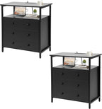 3 Wooden Drawers Nightstand, 27 Inch Wide Night Stand Set 2 with Charging Station and Adjustable Drawers, Bedside Table for Living Room/Bedroom/Office, Black.