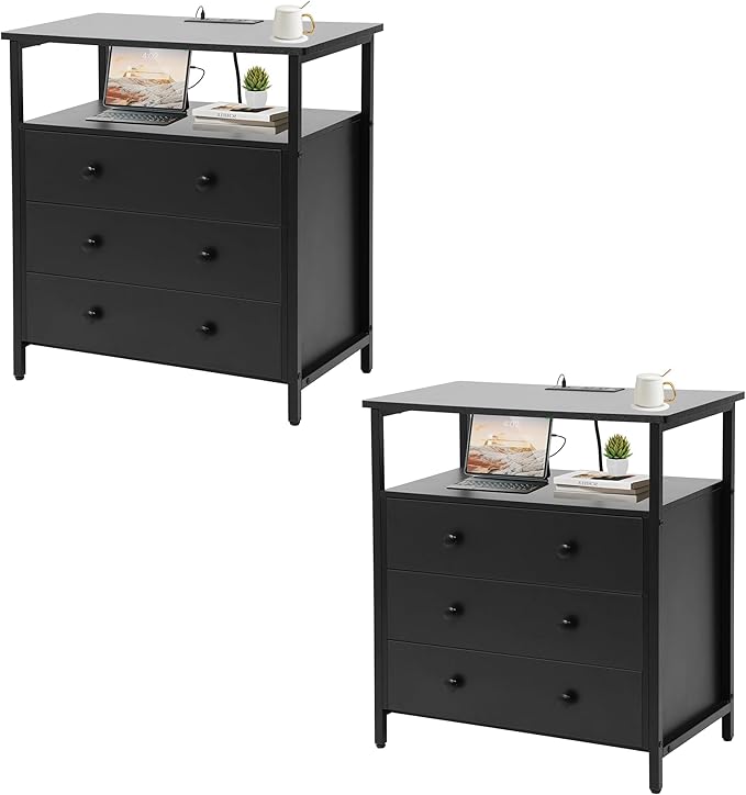 3 Wooden Drawers Nightstand, 27 Inch Wide Night Stand Set 2 with Charging Station and Adjustable Drawers, Bedside Table for Living Room/Bedroom/Office, Black.