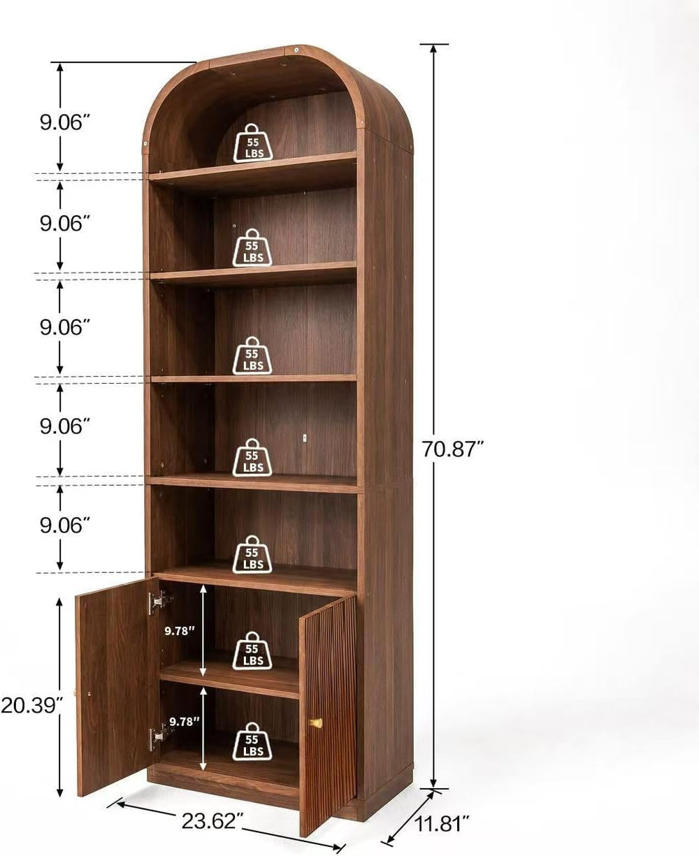 71" Tall Arched Bookshelf with Door, 7 Tiers Arched Bookcase with Storag...