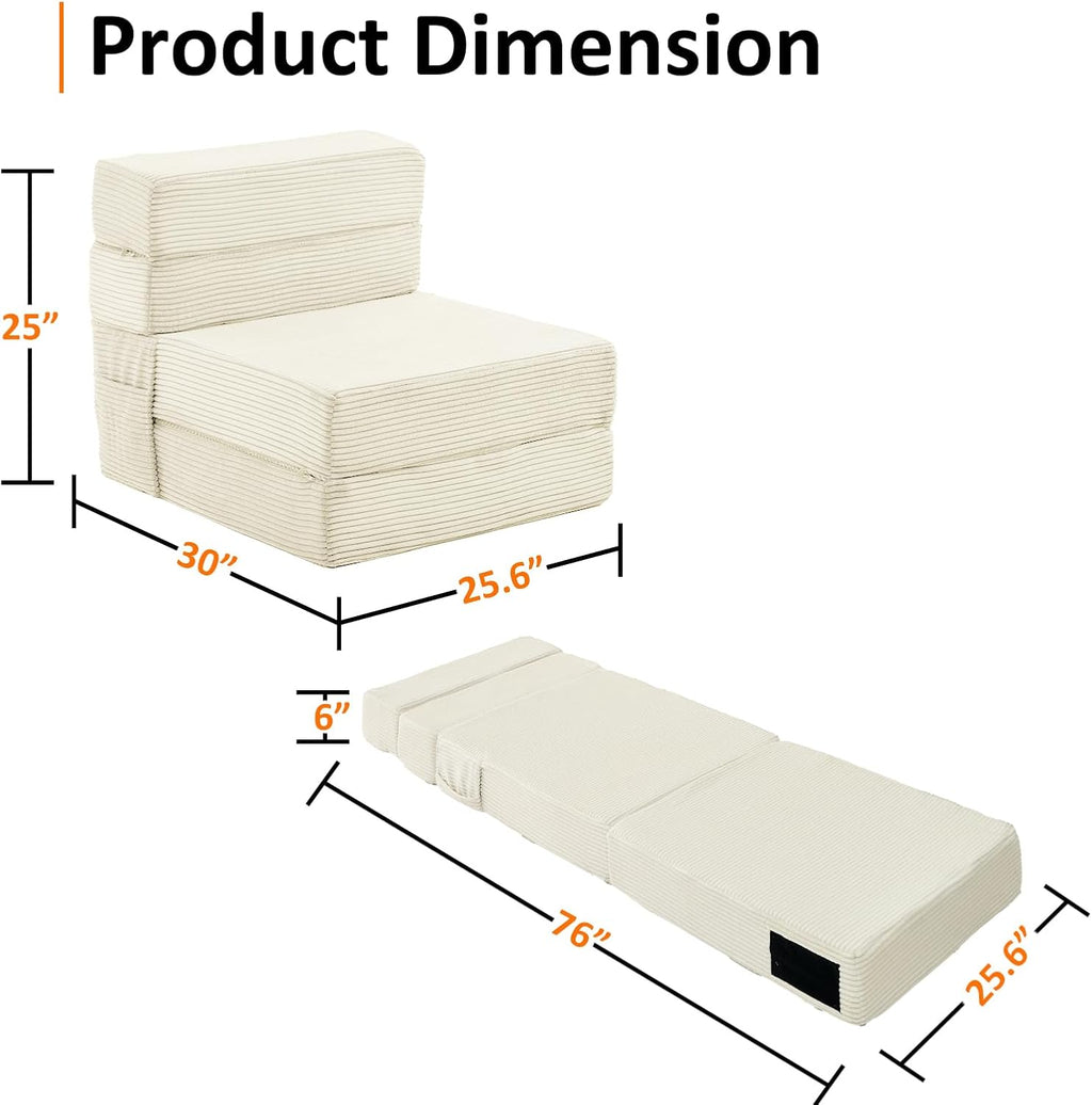 Single Size Folding Sofa Bed - 4 in 1 Convertible Sleeper Chair - High Density Memory Foam Futon Couch - Foldable Bed for Living Room Bedroom (Beige)